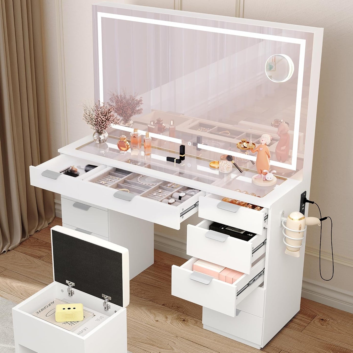 HomeLova | Coiffeuse avec éclairage LED réglable et prises